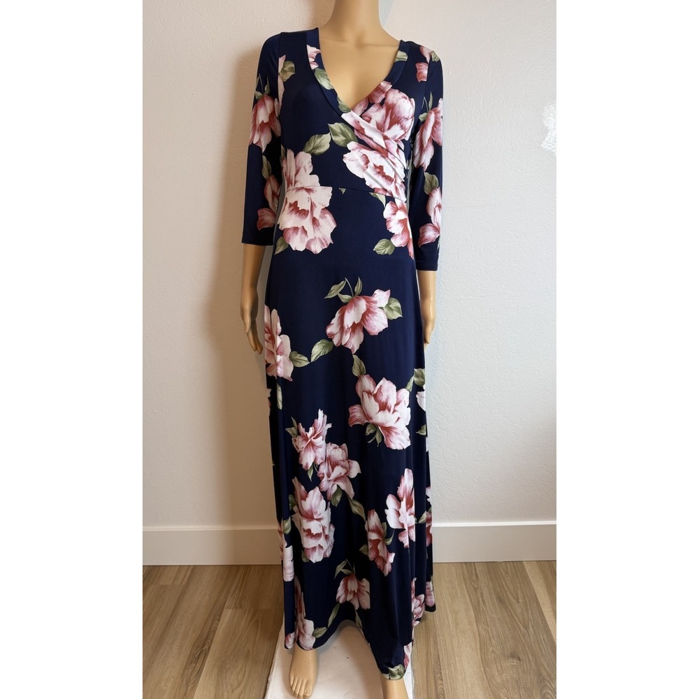 Hello Miz Navy Pink Floral Boho Cottage Maternity Maxi Dress Empire Waist Size M